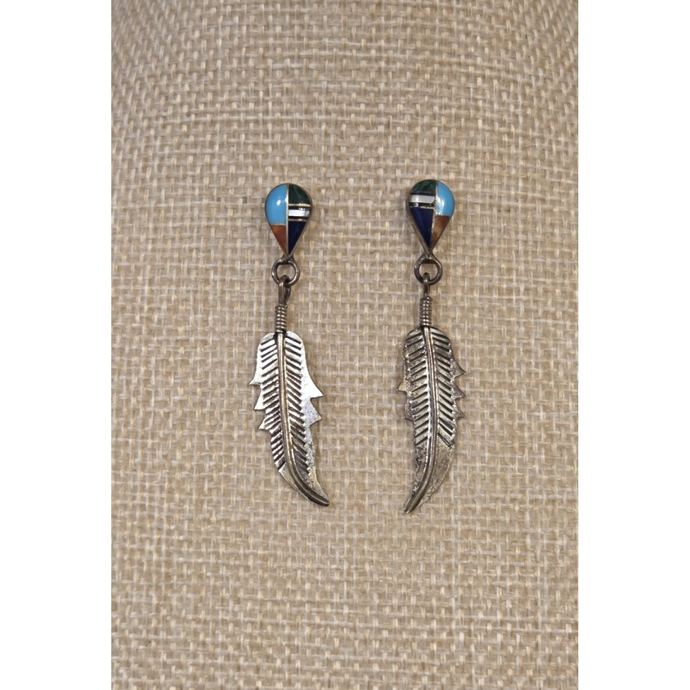 Vtg Southwestern Zuni Inlaid Mosaic Gemstone & Sterling Silver Feather Earrings
